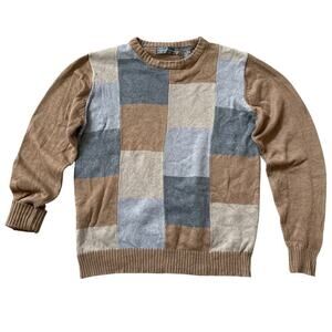 Oscar de la Renta Sweater M | Neutral Patchwork Knit, Soft Cotton Blend, Preppy